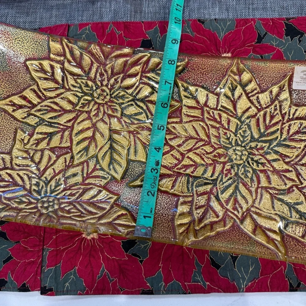 3D GLASSWARE Clear~Gold Metallic Floral Raised Pattern Curved Rectangular Server